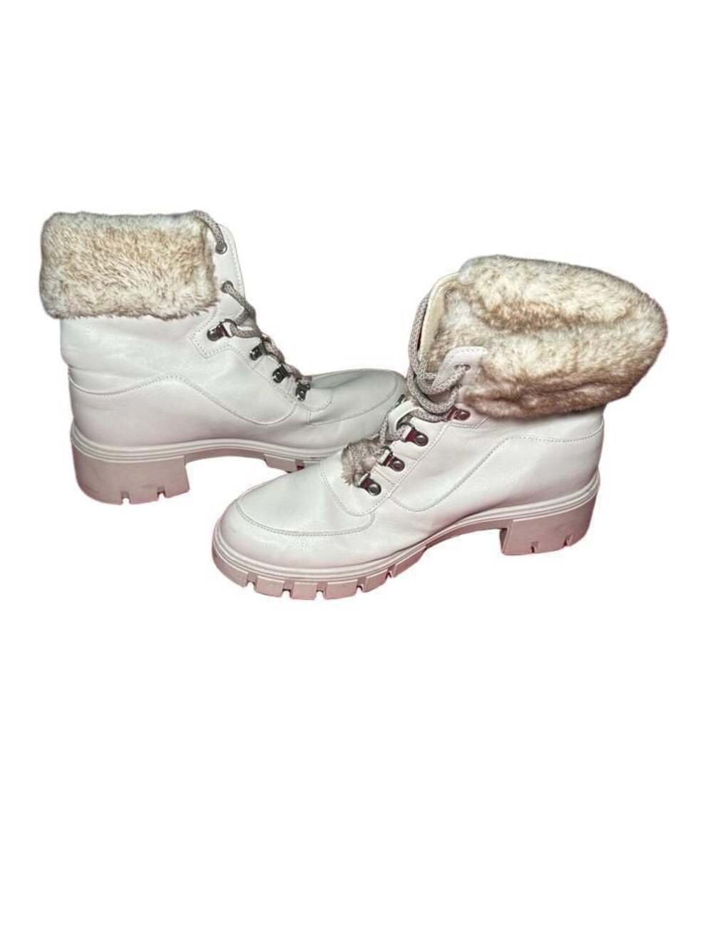 Qupid Women's White Lace-Up Combat Boots with Faux Fur Ankle Cuff